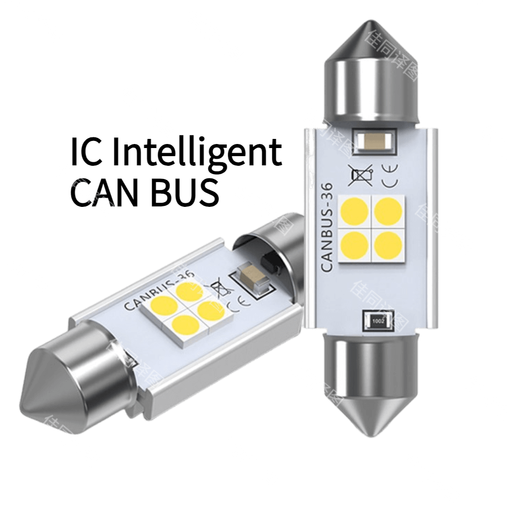 This is the feature description of the LED car license plate light. Product image CAN BUS 12VDC, the bulb type is SV8.5.
