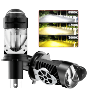 This is a car headlight with an LED light source, H4 bulb, high brightness, three color options, 12V DC voltage, and 2000 lumens brightness.