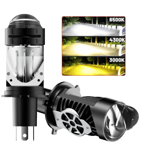 This is a car headlight with an LED light source, H4 bulb, high brightness, three color options, 12V DC voltage, and 2000 lumens brightness.