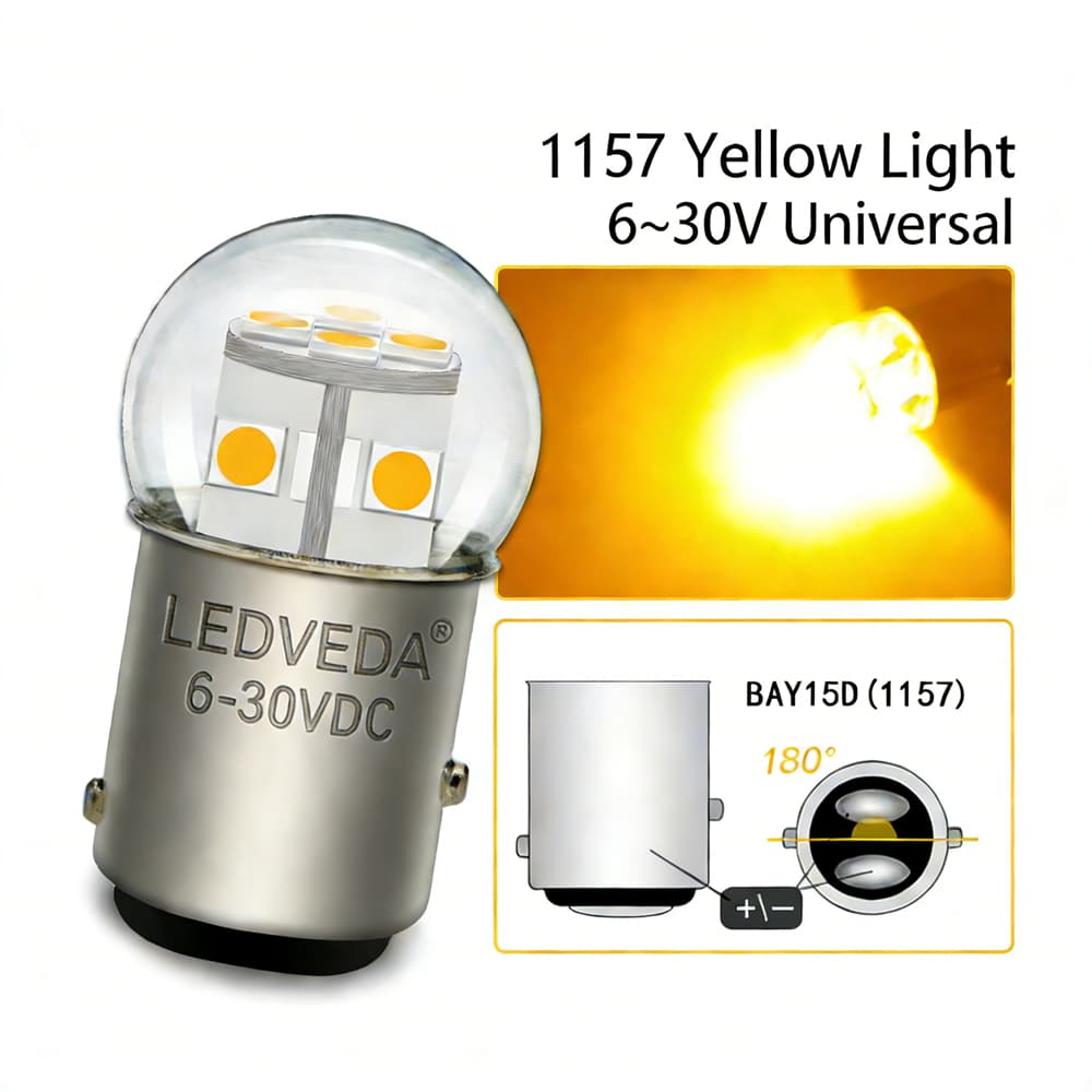 This is an LED car bulb suitable for BAY15D 12V and 24V, PY24W LED 2.5W power, emitting amber light.