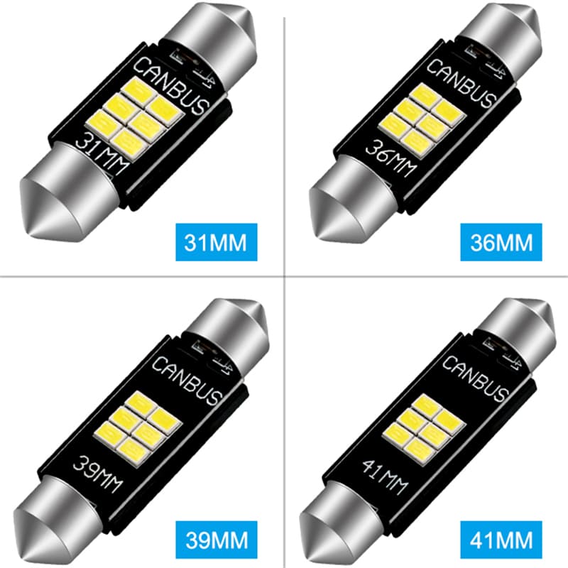 This is a reference image of car interior lighting Festoon LED C5W 31mm CANBUS in various sizes and specifications