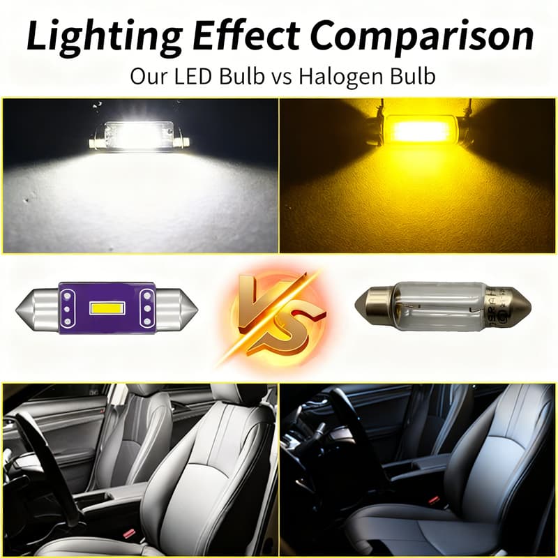 This is a comparison chart of the lighting effects between LED car bulbs FESTOON and traditional tungsten filament bulbs.