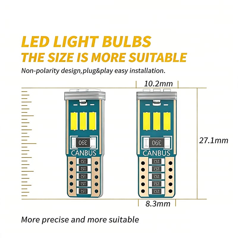 T10 W5W 194 LED Bulb 12V 9x4014 Chip CANBUS Error-Free Bulb. High Brightness, Dimension Diagram