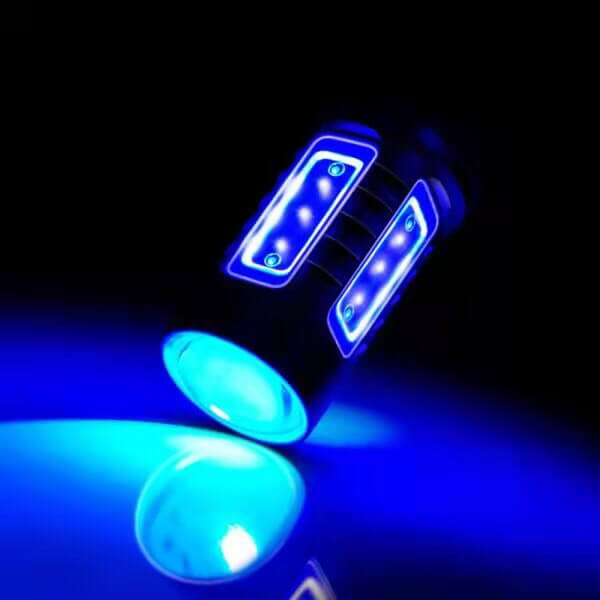 This is a rendering of the H4 and HB2 LED car fog light bulbs glowing in blue.