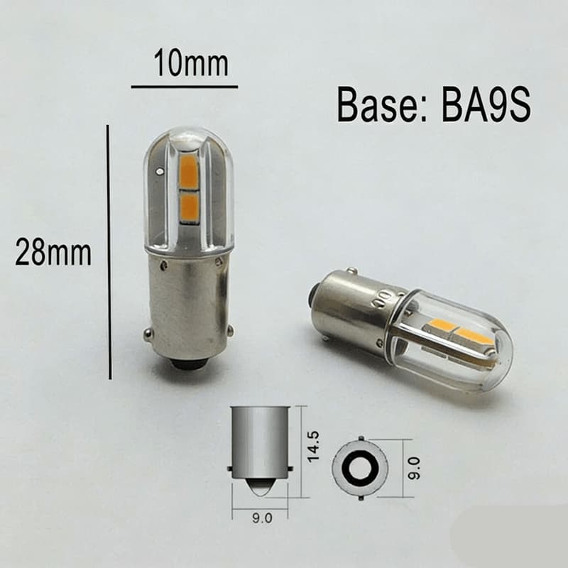 BA9S LED 230V indicator light, high brightness, 4 pieces of 2835 chips, white light, 30,000-hour lifespan, dimension diagram