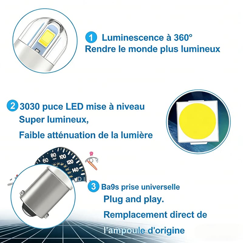 BA9S LED 12V indicator light, high brightness, 2 pieces of 2835 chips, white light, 30,000 hours lifespan, detailed breakdown diagram