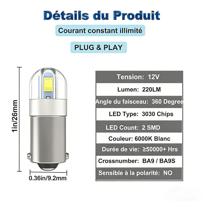 BA9S LED 12V indicator light, high brightness, 2 pieces of 2835 chips, white light, 30,000 hours lifespan, product dimension diagram