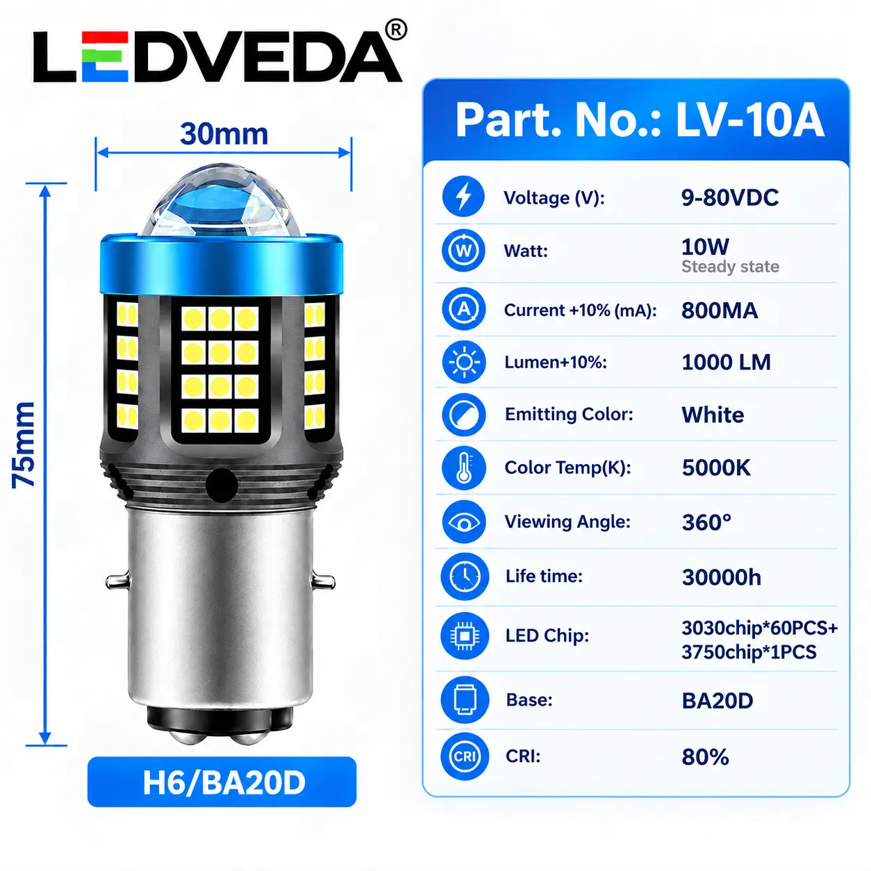 LV-10A H6 BA20D LED bulb 9-80V 10W 1000LM specifications