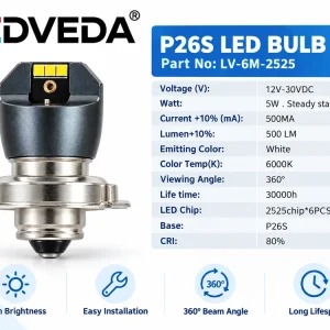 P26S LED motorcycle headlight bulb LV-6M-2525 12-30V 5W 500LM