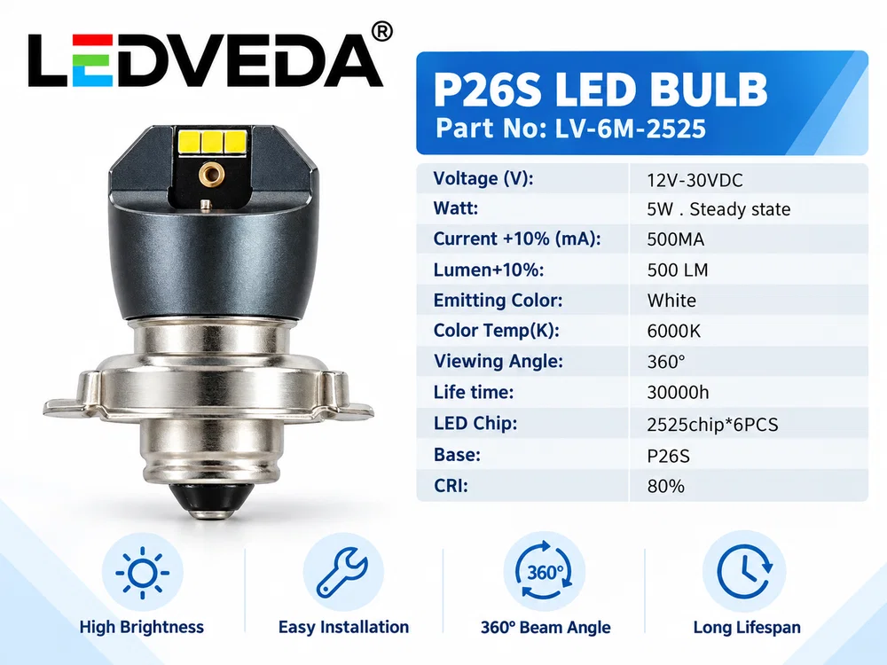 P26S LED motorcycle headlight bulb LV-6M-2525 12-30V 5W 500LM